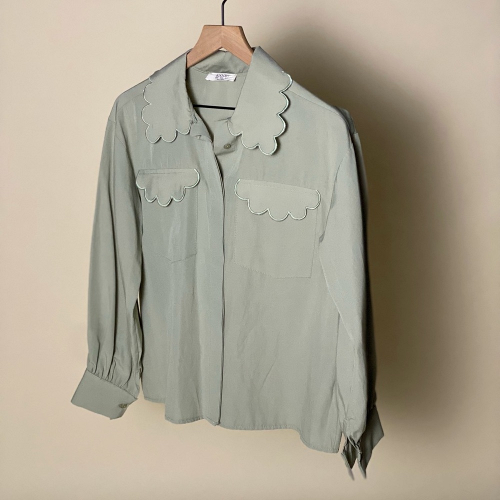 Sage green scalloped button down blouse